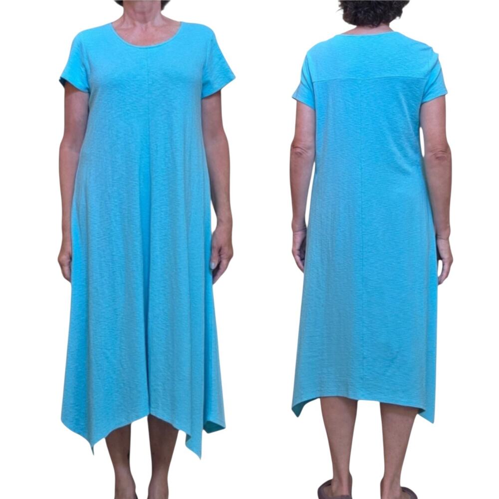 Chico's Cap Sleeve Turquoise Dress Shark Bite hem, Mid-calf Length sz 14 or 16